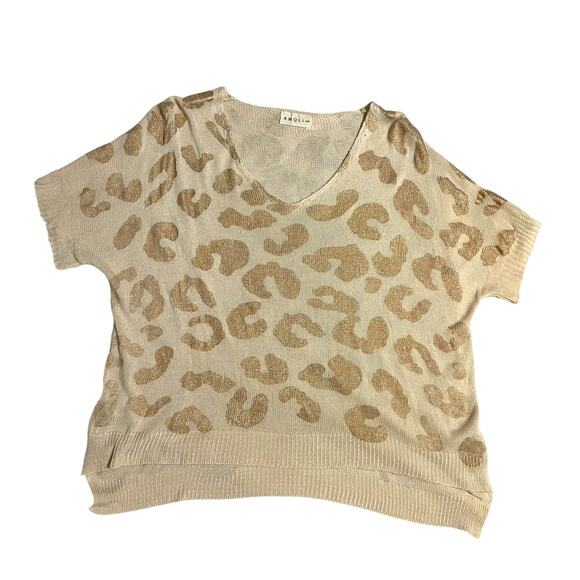 Amoli Animal Print Lightweight Sweater Top Short Sleeve Size S/M Tan Gold V-Neck - Picture 1 of 11